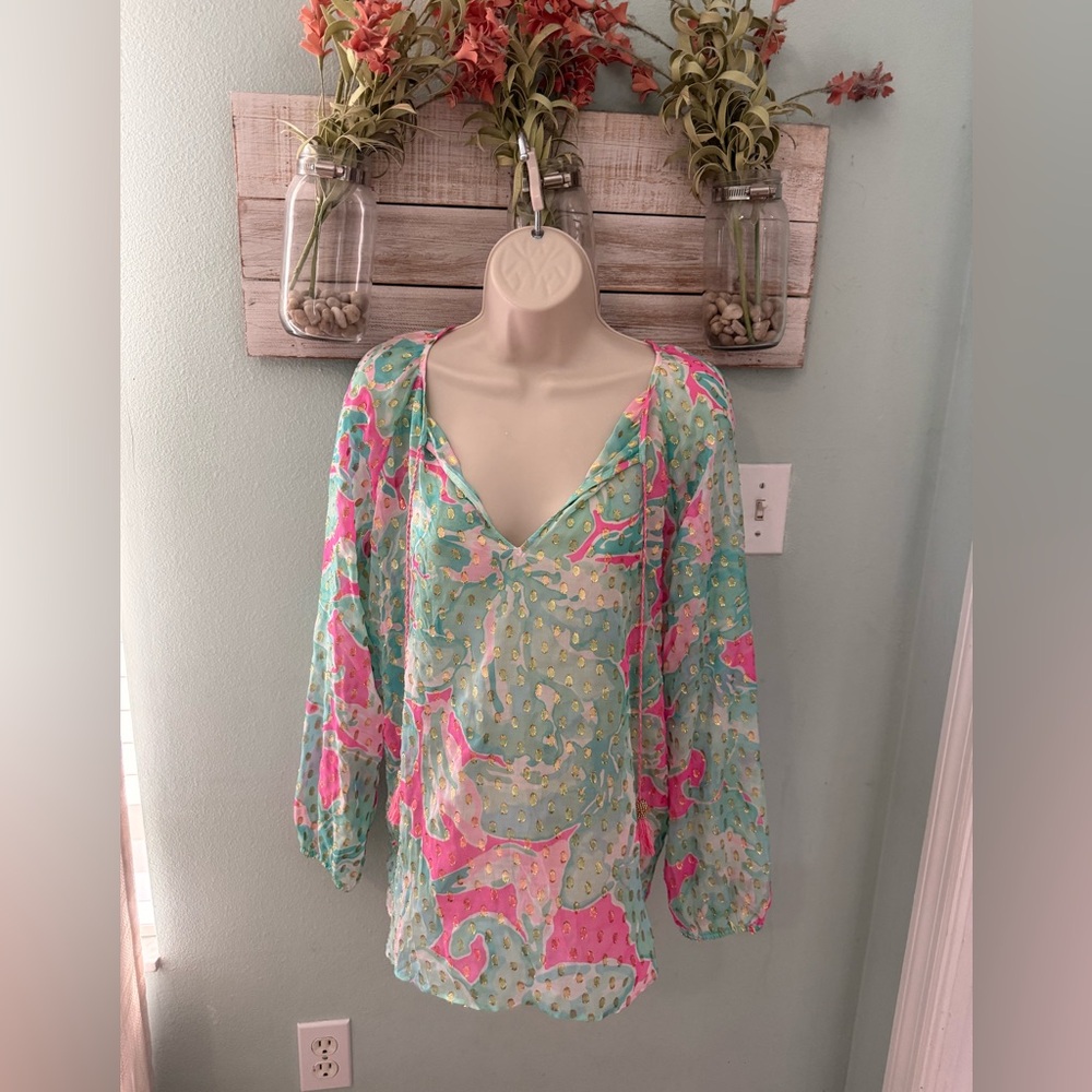 Lilly Pulitzer Pink and Green Sheer Blouse with Gold Accents